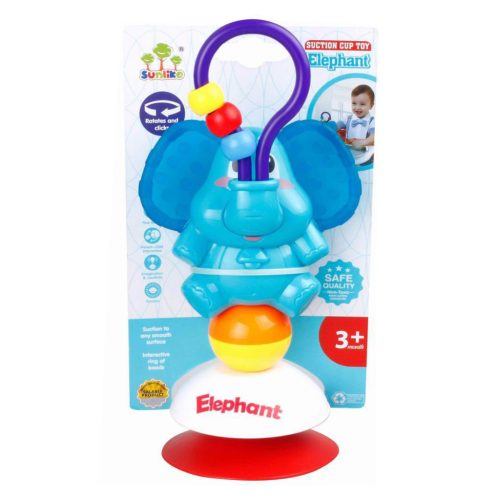 Bébi csörgő és rágóka tapadókoronggal – elefántos fejlesztő játék