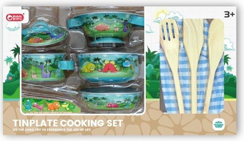 Fém edénykészlet – dínós mintával, kis szakácsoknak