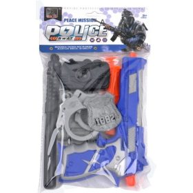   Rendőr készlet, pisztoly, tapadókorongos lövedék, bilincs – zacskós