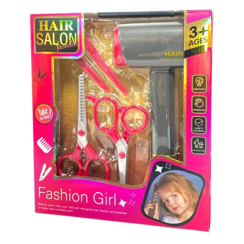 Hajszárító készlet, elemesemes, olló, salon – dobozos