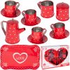 Tinplate piros, szivecskés fém teás készlet