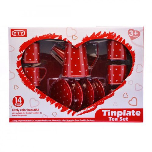 Tinplate piros, szivecskés fém teás készlet