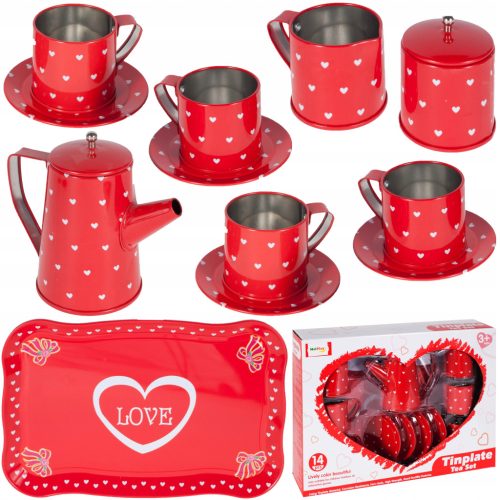 Tinplate piros, szivecskés fém teás készlet
