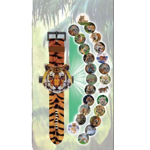 Projektor készlet, elemesemes, Karóra forma, tigris minta – lapon
