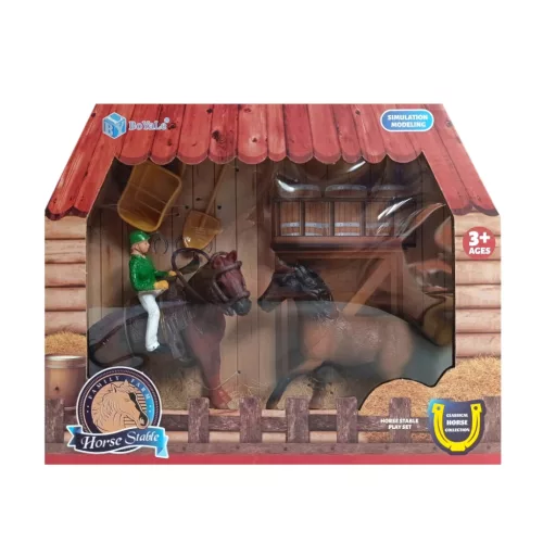Lovas istálló játékszett – 2 lóval és lovassal, karámmal