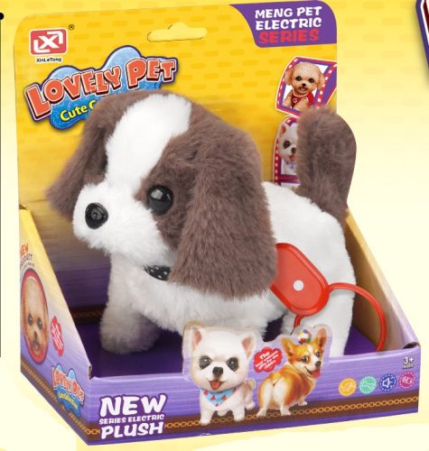 Kutya, plüss, elemesemes, jön-megy, ugat, pórázzal, 3 szín – dobozos