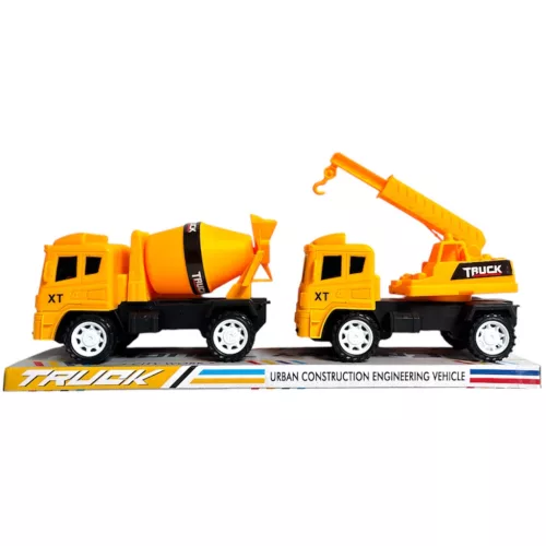 Játék teherautó 2 munkagéppel lendületkerekes 