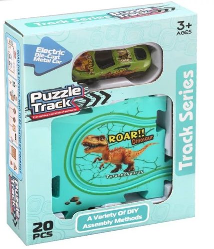 Puzzlepálya építő készlet dinoszauruszos fém autóval