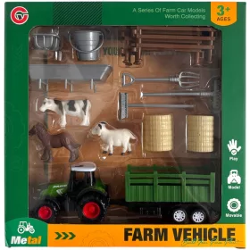 Fém traktor utánfutóval és farmos kiegészítőkkel