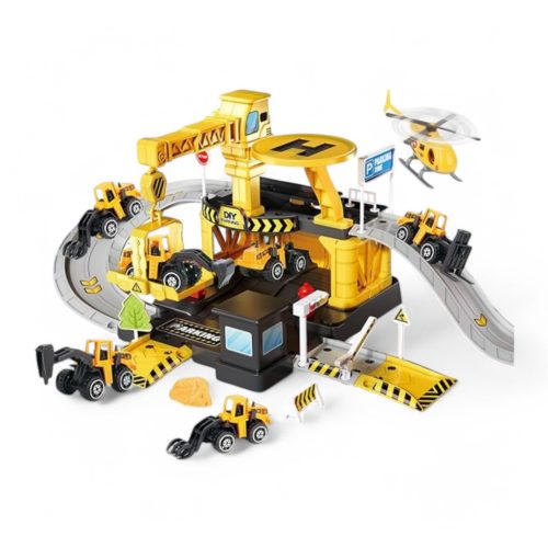 Garázs parkoló játékszett munkagépekkel és helikopterrel