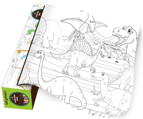 Dínós színező tekercs + 12 színes ceruza – Óriási kaland a rajzasztalon!
