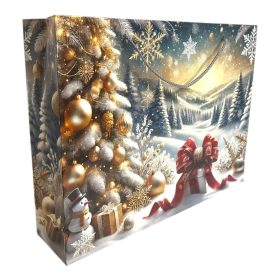 Papírtasak, hóember, ajándék, havas táj, 37x29 cm