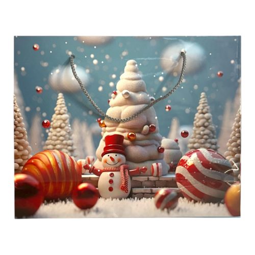Papírtasak, hóember, díszgömbök, 25x20 cm
