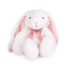 Fehér plüss nyúl – ülő, rózsaszín masnival, 28 cm