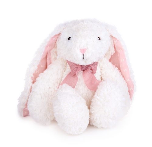 Fehér plüss nyúl – ülő, rózsaszín masnival, 28 cm