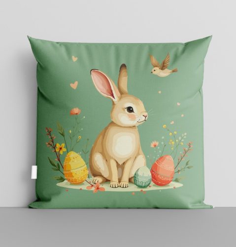 Húsvéti zöld párna – nyuszis, tojásos díszpárna, 36 cm